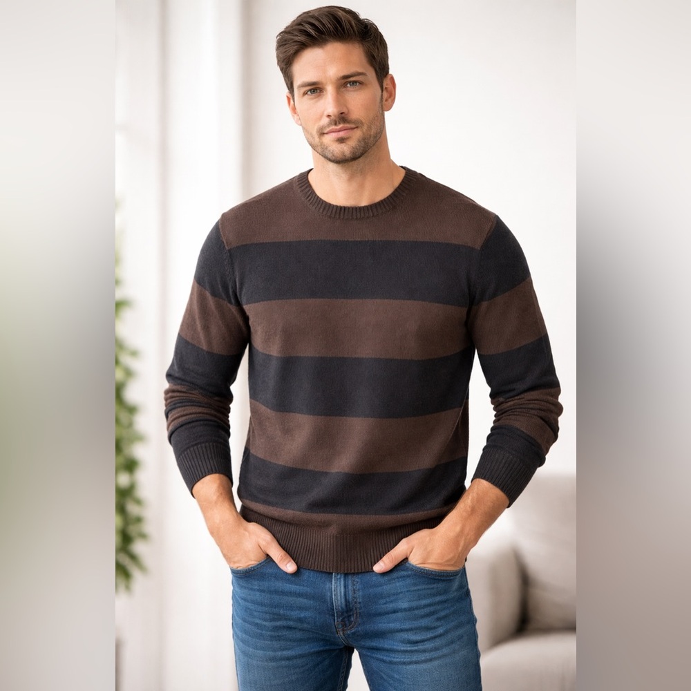 HUGO BOSS 
Brown and Black Striped V-Neck Sweater